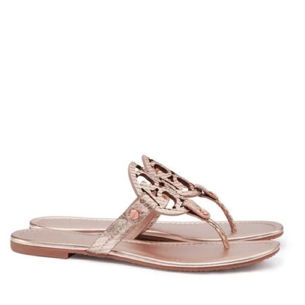 Women’s Tory Burch Miller Sandal Metallic Glossy Snake Print Rose Gold 9